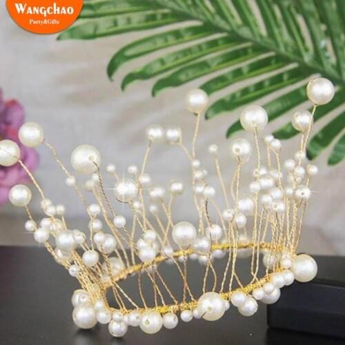 Shiny Handmade Pearl Princess Crown Cake Topper Wedding Cake Decorating Bride and Groom Happy Birthday Hat Cake Decoration