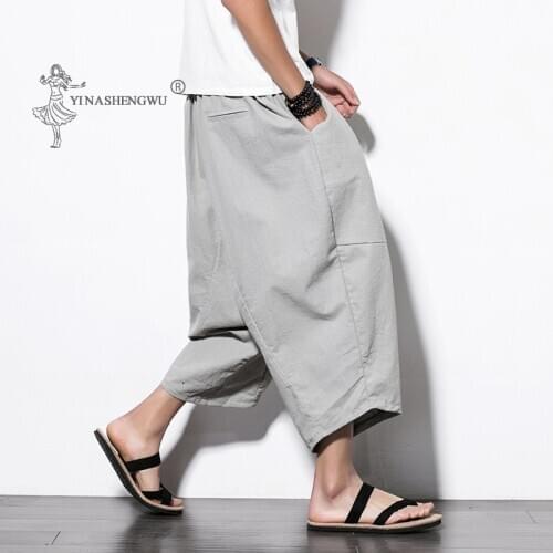 Japanese Style Embroidered Pants Kimonos Harajuku Yukata Beam Feet Harem Men Asian Japan Traditional Print Cropped Male Costume