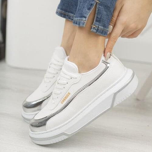 Chekich Womens & Mens Casual Shoes White - Gray Colors Faux Leather Laces Casual Shoes Spring Fall Seasons Luxury Silver Couples Unisex Sneakers Breathable Lightweight Sport Wedding Formal High Sole CH041 Women V1