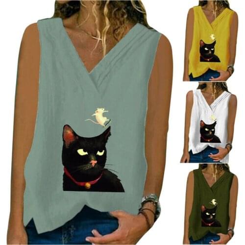 Women V Neck Linen Sleeveless Vest Tank Top Printed Holiday Loose Tee Shirt _