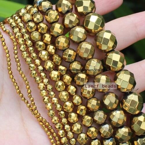 Faceted Natural Hematite Golden Color 2-12mm Round Loose beads,For DIY Jewelry Making !We provide mixed wholesale for all items
