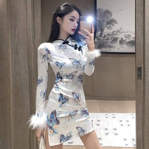 Chinese Dress White Sexy Qipao Dresses Cheongsam Dress Golden Velvet Long Sleeve Retro Printed Cheongsams Mini Qipao Robe
