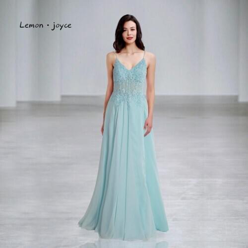 Lemon joyce Sexy Prom Dresses Long V-neck Backless Appliques Chiffon A-line Party Gowns for Girls Plus Size