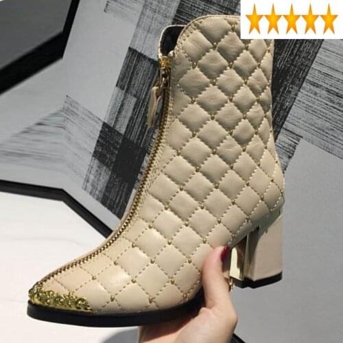 Metal Autumn Plaid Winter Diamond Rivet Front Zip Womens Ankle Fashion Solid Genuine Leather Sheepskin High Heel Boots
