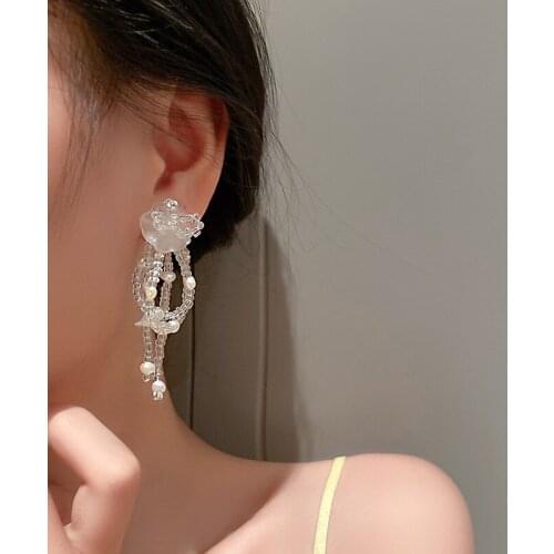 Fashion fresh crystal earrings for women flower dangle tassel earrings long bow earrings female bride jewelry gifts