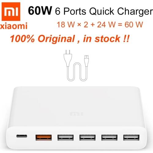 Original Xiaomi Mi USB-C 60W (Total) Charger Smart Output 1 Type-C 5 USB-A Dual QC 3.0 Quick Charge 18W x2 + 24W(5V=2.4A MAX)