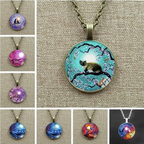 Cute Cat Under The Night Sky Glass Cabochon Necklace Pendant Jewelry Cat on The Flower Tree Charm Chain Necklace Gift for Women