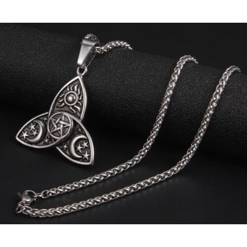 Viking Wicca Sun Star Moon Stainless Steel Pendant Necklaces Triple Moon Goddess Triquetra Pentacle Men Women Necklace Jewelry