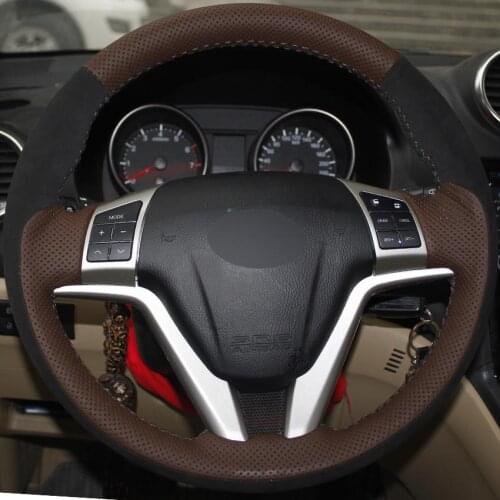 DIY Black Suede Palm Red Genuine Leather Hand-Stitched Car Steering Wheel Cover for Great Wall Haval Hover H6