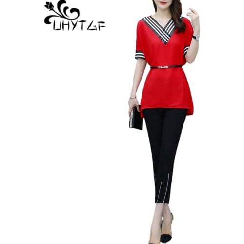 UHYTGF Fashion Womens Summer Two-Piece Set Short-Sleeved Stitching Striped V-Neck T-Shirt Tops+Pants Plus Size Suit Female 1336