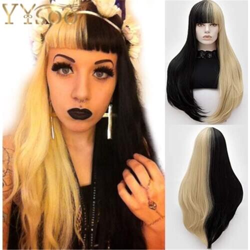 YYsoo Long Straight Synthetic Cosplay Wig Half Black Half Blonde Wigs with Bangs High Temperature Heat Resistant Fiber Hair Wig