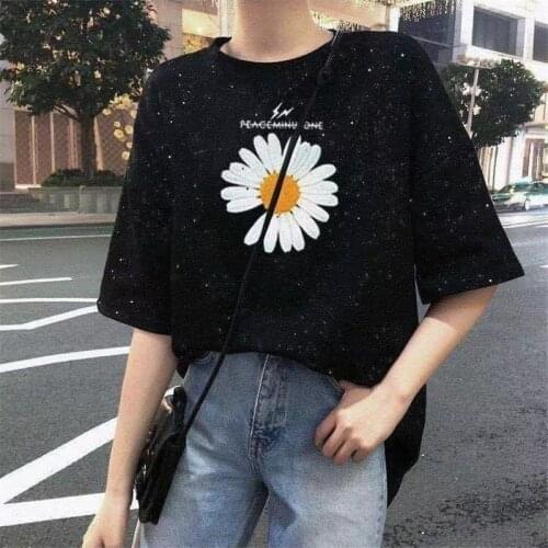 Breathable Daisy Casual Women Summer Mid-Length Long Loose Elastic Comfort T Shirt Lady Tops 2021 With Sleeve Female Clothing 36