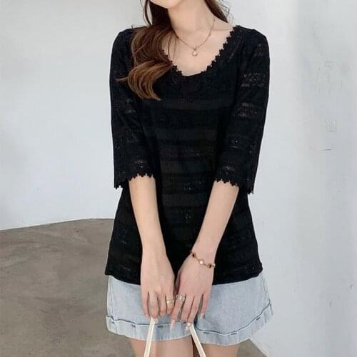 Lace Short-sleeved Womens T-shirt Short Section 2021 Summer New V-Neck Pullover Top Women Thin Section Hollow T-Shirt