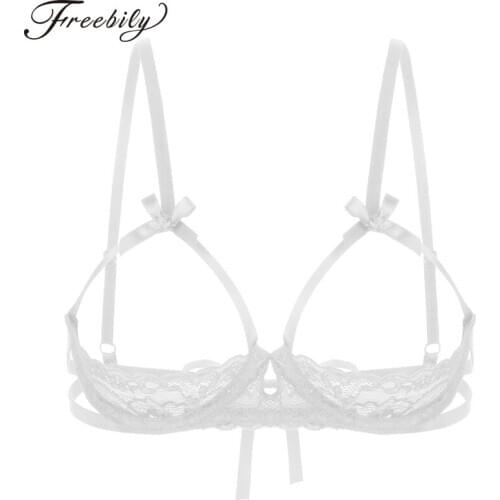 Women Erotic Open Cups Bra See Through Sheer Lace Sexy Lingerie Ribbons Tie-up Adjustable Straps Underwired Transparent Bra Tops