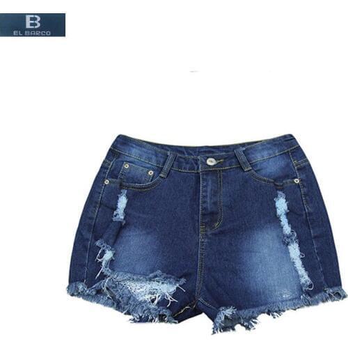 [EL BARCO] 2017 New Cotton Ripped Holes Denim Shorts Jeans Women Summer Pockets Solid Blue Slim Fitness Female Casual Trousers