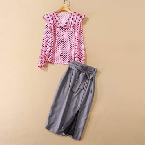 New HIGH QUALITY 2021 Designer Runway Suit Set Womens Sailor Collar Long Sleeve Polka Dot Blouse Shirt Skirt Set