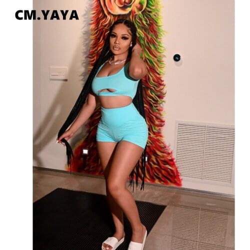 CM.YAYA Women Set Solid Sleeveless O-neck Hole Crop Tops High Waist Skinny Elastic Shorts Matching Sets Casual Tracksuits 2021