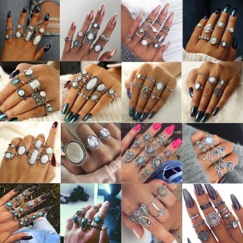 Tocona 20Style Bohemian Large Crystal Silver Color Flower Elephant Joint Midi Knuckle Ring Set For Women Vintage Geometric Ring