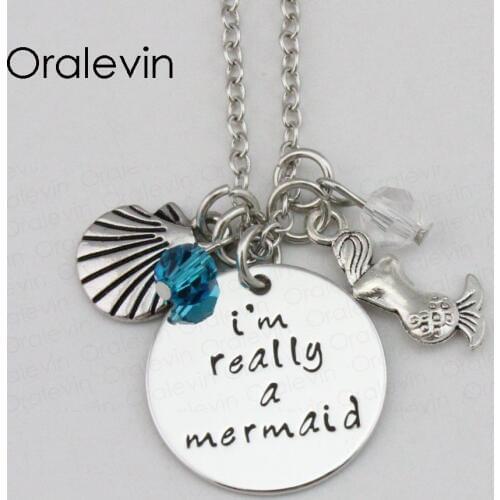 Wholesale I AM REALLY A MERMAID Seashell Inspired Mermaid Charms Necklace Christmas Gift For Women Jewelry,22MM,10Pcs/Lot