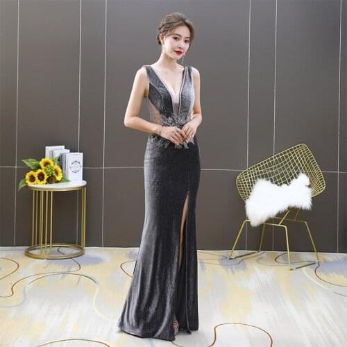 Evening Dress Deep V-Neck Elegant Empire Floral Print Velour Sleeveless Floor-length Plus size Women Formal Party Dresses C1347