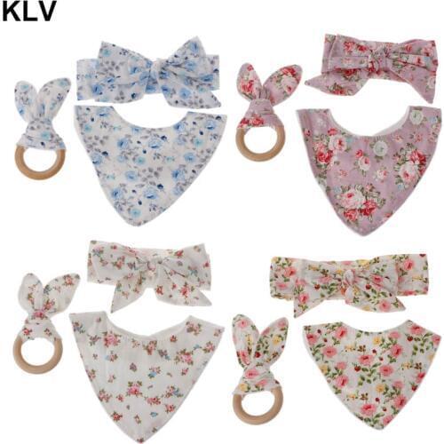 3Pcs Baby Rabbit Ears Teether Cotton Bibs Headband Infant Saliva Towel Care Set