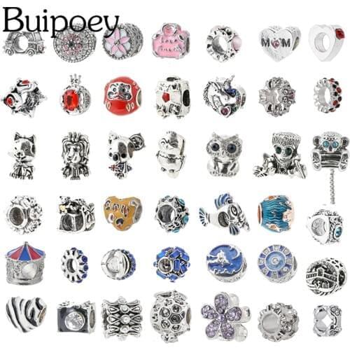Buipoey Heart Unicorn Beads Silver Color Animal Bee Owl Charm For Bracelets & Necklace Original Diy Jewelry Accessory Beaded