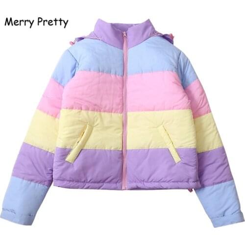 Merry Pretty Makaron Color Women Cotton Coats Hooded Cotton Padded Thicken Warm Winter Jacket Patchwork Outwear Mujers Parkas