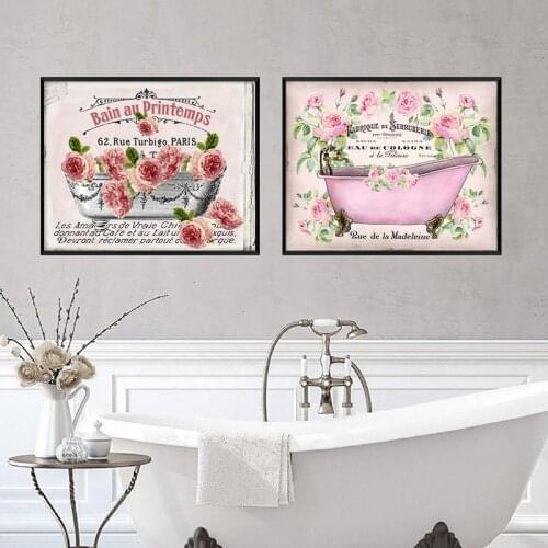French Vintage Shabby Chic Bathtub Roses Posters and Prints Canvas Painting Wall Decor Decorative Paintings Wall Posters