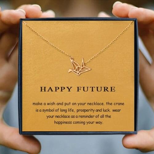 Icareu Thousand Paper Cranes Hollow Necklaces Lovely Gold Color Chain Choker Bird Wish Card For Girl Birthday Gift Box New
