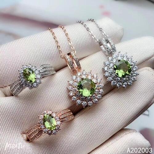 KJJEAXCMY Fine Jewelry 925 sterling silver inlaid natural Peridot female ring pendant set luxury Support detection