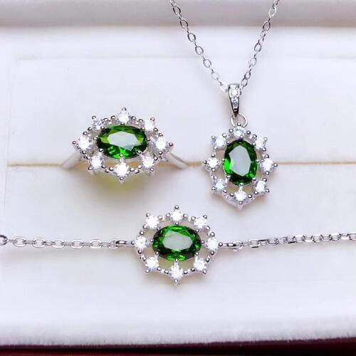 Exquisite jewelry charming clear green Diopside gemstone ring earrings necklace natural oval gem 925 sterling silver girl gift