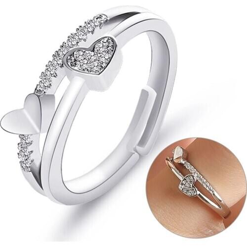 Korean Twisted Heart Rhinestone Open Ring Rose Gold Color Finger Ring For Women Statement Adjustable Ring Wholesale Gift