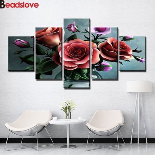 Beautiful Red flower Peony Square Round Drill Mosaic Diamond Painting Cross Stitch DIY 5D Full Embroidery 5 pcs wall decor