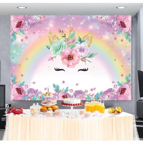 Laeacco Golden Unicorn Birthday Backdrop For Photography Rainbow Glitter Polka Dots Flower Birthday Party Baby Shower Background