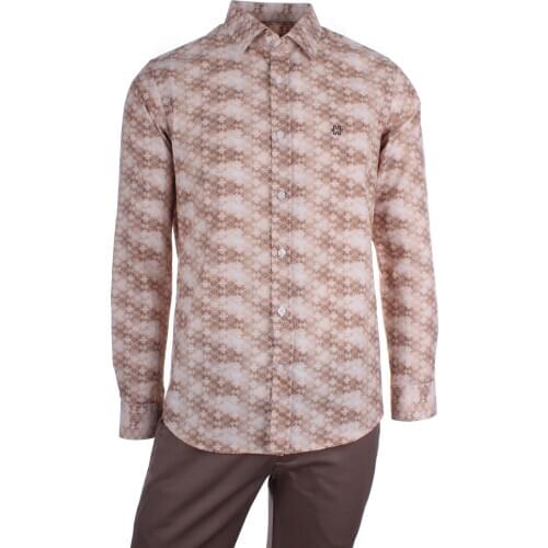 Gentilbay Mens Ethnic Digital Printed Cotton Brown Slimfit Long-Sleeve Sport Classic Shirt DPD034