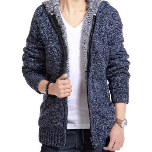 Winter Jacket Men Thick Velvet Hooded Fur Jackets Mens Casual Knitted Padded Sweater Cardigan Coats Outwear Sweatshirts Parkas