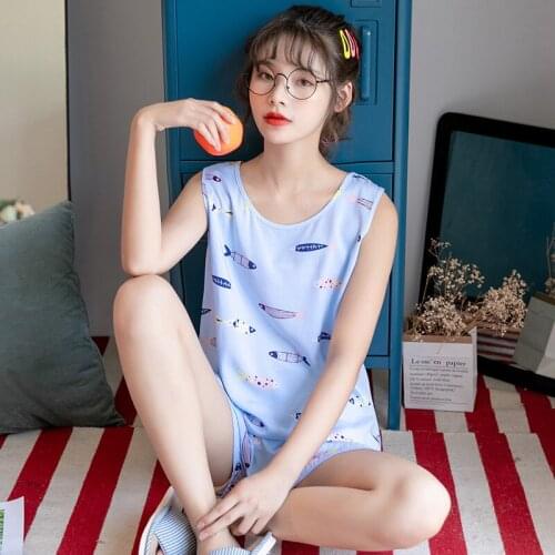 Summer New Pajamas Womens Korean Version Fresh Female Sleeveless Shorts Nightwear Household Clothes Loose Waistcoat Sleepwear