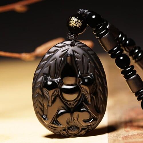 Natural Black Obsidian Beads Necklace Hand-Carved Fox Jade Pendant Fashion Charm Jewellery Amulet for Women Gifts Jewelry