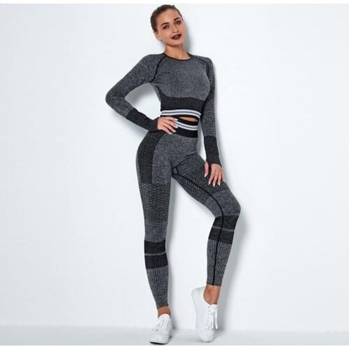 Striped Seamless Yoga Set Women Gym Suit Workout Clothes Long Sleeve Crop Top High Waist Leggings Fitness Running Sports Wear