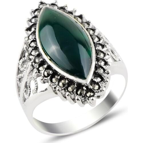 Silver 925 Sterling Green Agate & Marcasite Ring