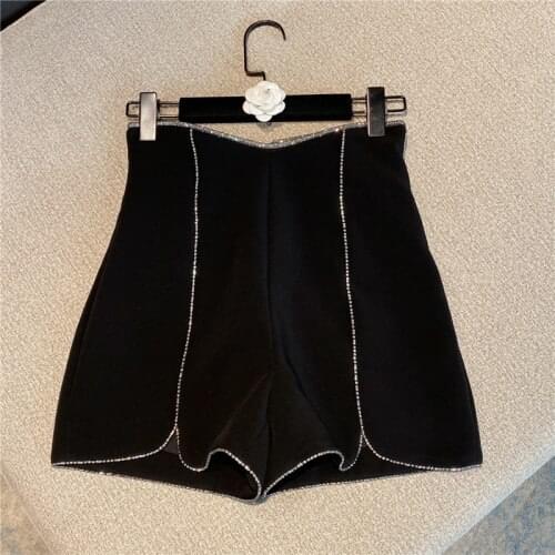 2021 Spring Summer New Rhinestone Strip Edge All-Matching Shorts Womens Slit High Waist Pure Color Hot Trousers White Black