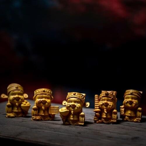 Five-way Fortuna Folk Mythical Figures Sculpture Wood Carving Buddha Statues Home Decoration Lucky Feng Shui Car Ornaments