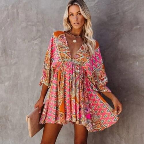 TEELYNN Sexy Deep V Neck Backless Mini Dresses Women Vintage Pink Floral Print Short Summer Dress Lantern Sleeve Boho 2021 Robe