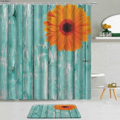 2Pcs Vintage Green Wooden Board Shower Curtain Flower Pattern Bathroom Non-Slip Carpet Bath Mat Hanging Curtains Set Home Decor