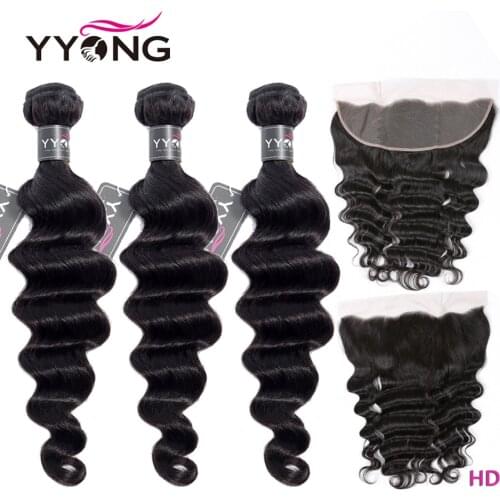 YYong 24inch HD Transparent Lace Frontal With 30" Bundles Remy Brazilian Loose Deep Human Hair Bundles With Lace Frontal Closure