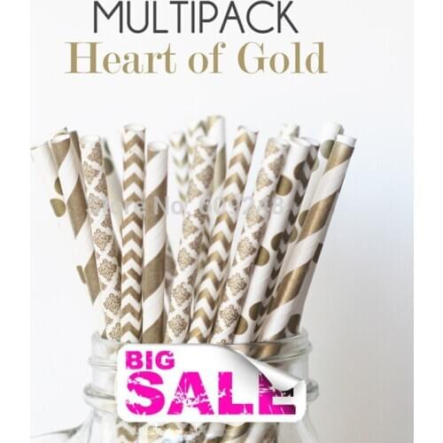100pcs Mixed Colors HEART OF GOLD Paper Straws,Gold Damask,Stripe,Polka Dot,Chevron,Party Drinking,Wedding,Christmas,New Year