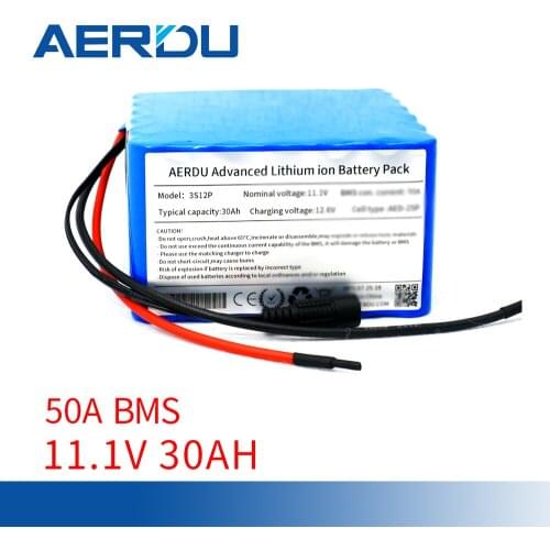 AERDU 11V 3S12P 30Ah High Capacity 18650 Lithium Battery Pack 12V 2500mAh Cells with 50A BMS FOR Electric Scooter Vehicle+DC5521