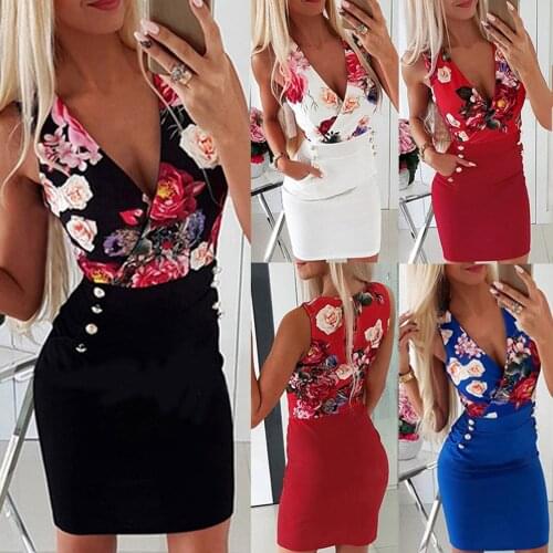 Flower Print Bodycon Dress Women Sexy Multicolor V-neck Side Pockets Slim Hips Dress Robe Moulante Dresses For Women Party Robes
