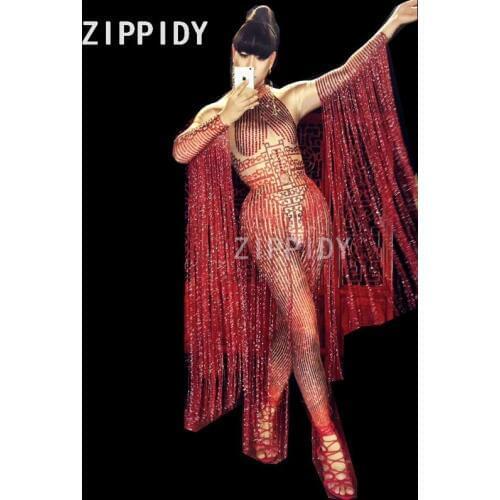 Glisten Crystals Red Jumpsuit Sexy Long Tassel Women Outfit Nightclub Female Singer Costume Stage Dance DS Performance Clothing