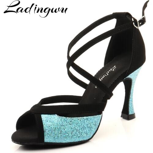 Ladingwu Latin Dance Shoes For Women Black Suede and Blue Glitter Salsa Dance Shoes Womens Ballroom Dance Sandals